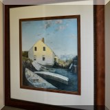 A04. Framed print of house and boats 37”h x 35”w 